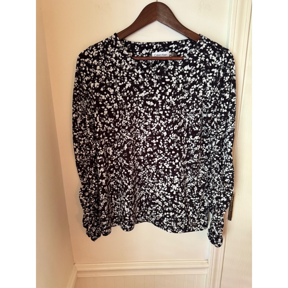 Calvin Klein Womens Black White Floral Long Sleeve Ruched‎ Blouse Top